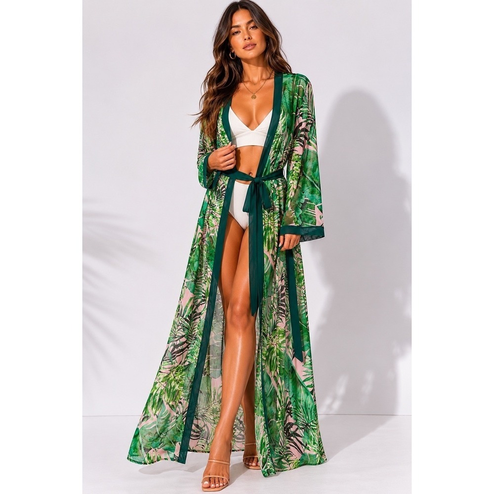 JLUXLABEL Green Tropical Palm Print Sheer Mesh Maxi Kimono Duster S fits M
